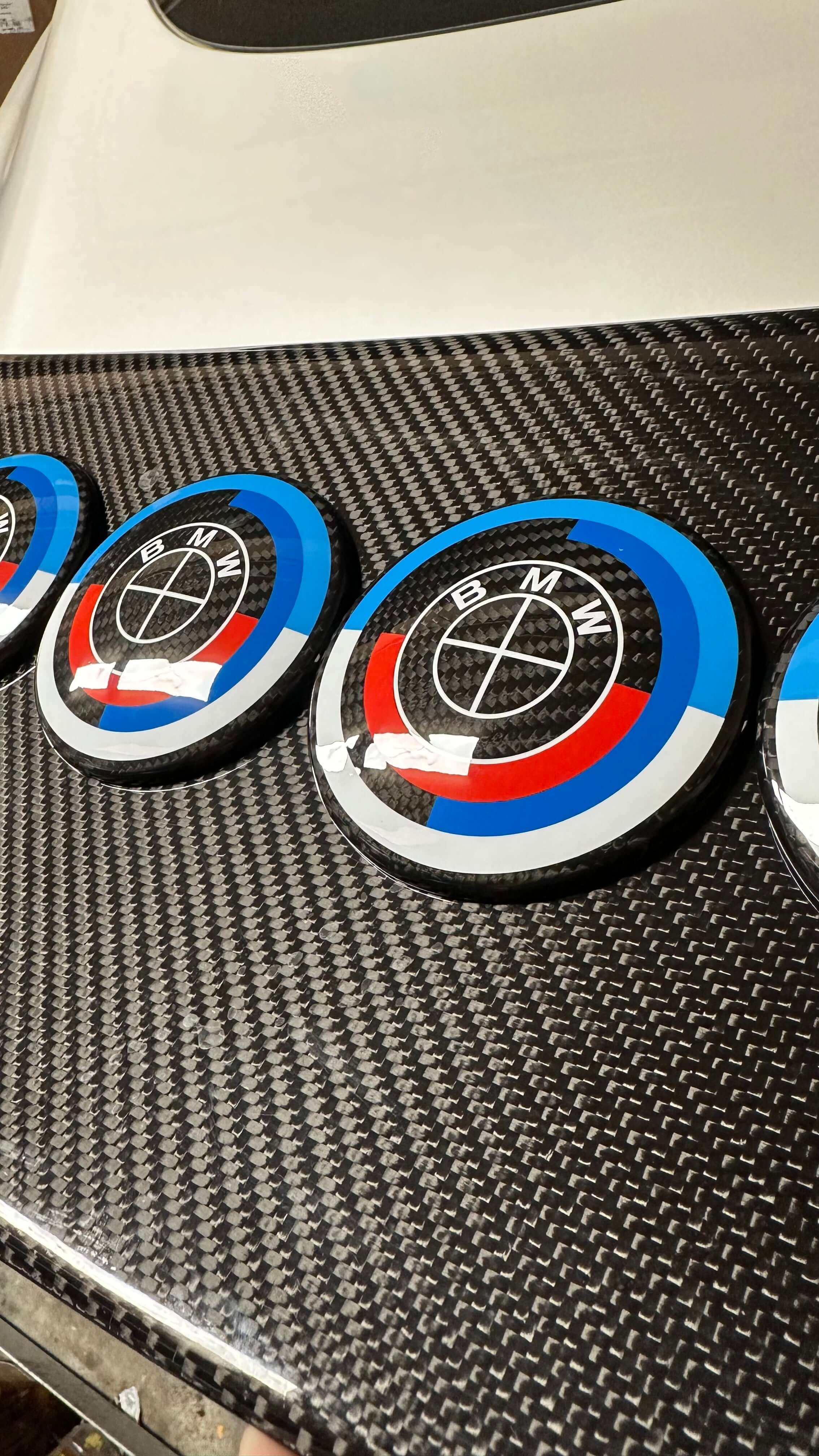 Carbon Fiber 50th Years M Heritage Emblem Roundel Cover &  Hub Cap Replacement (7 Piece)- BMW Roundel.