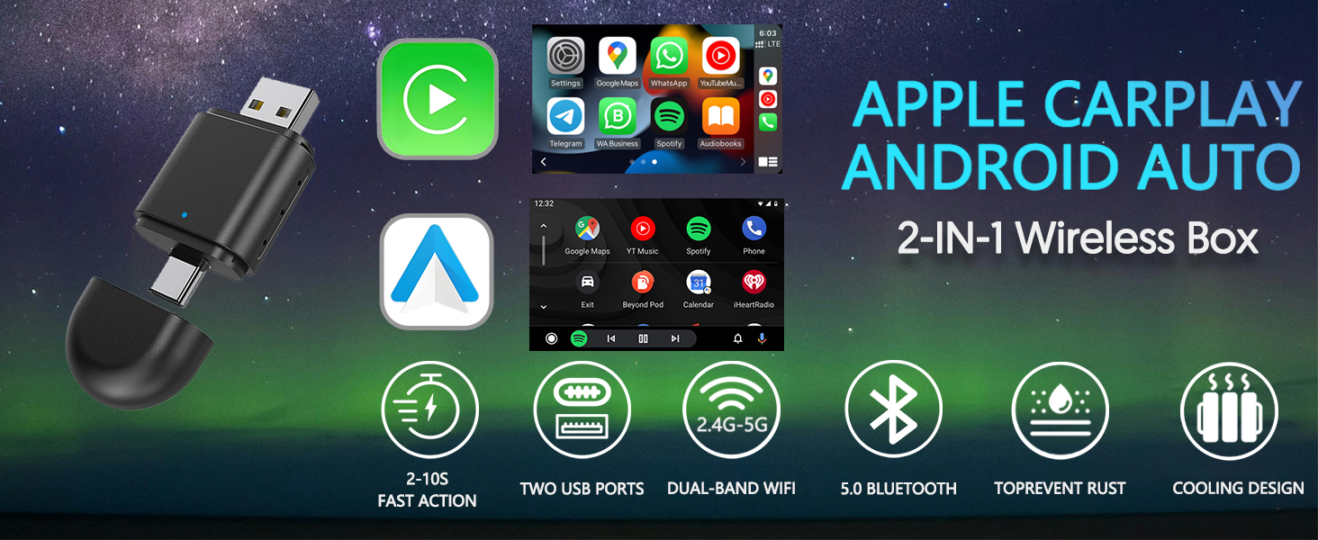 WireLess Apple Carplay & Android Carplay Auto Plug Smart Box USB&Type-c Adapter - Universal.