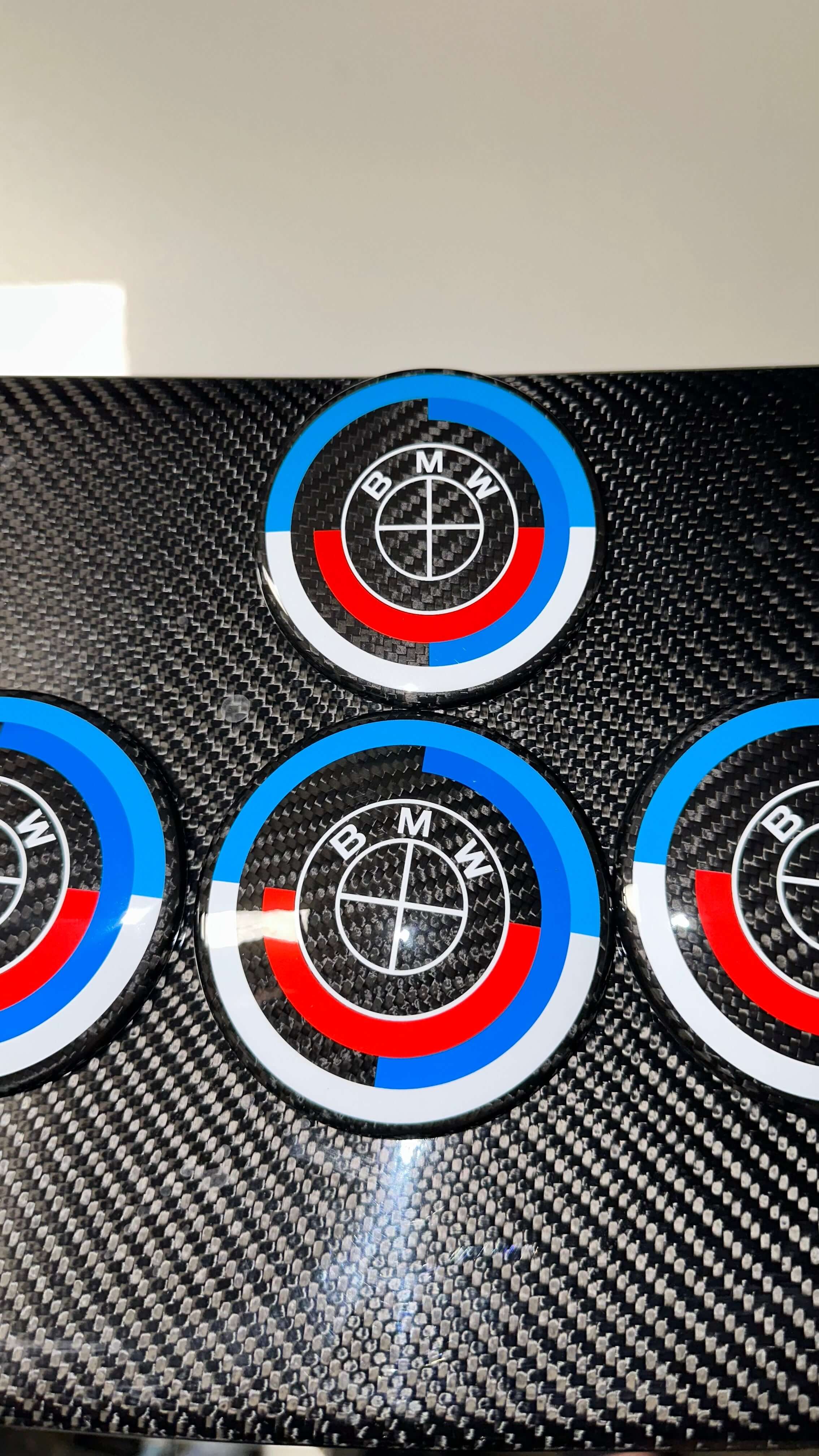 Carbon Fiber 50th Years M Heritage Emblem Roundel Cover &  Hub Cap Replacement (7 Piece)- BMW Roundel.