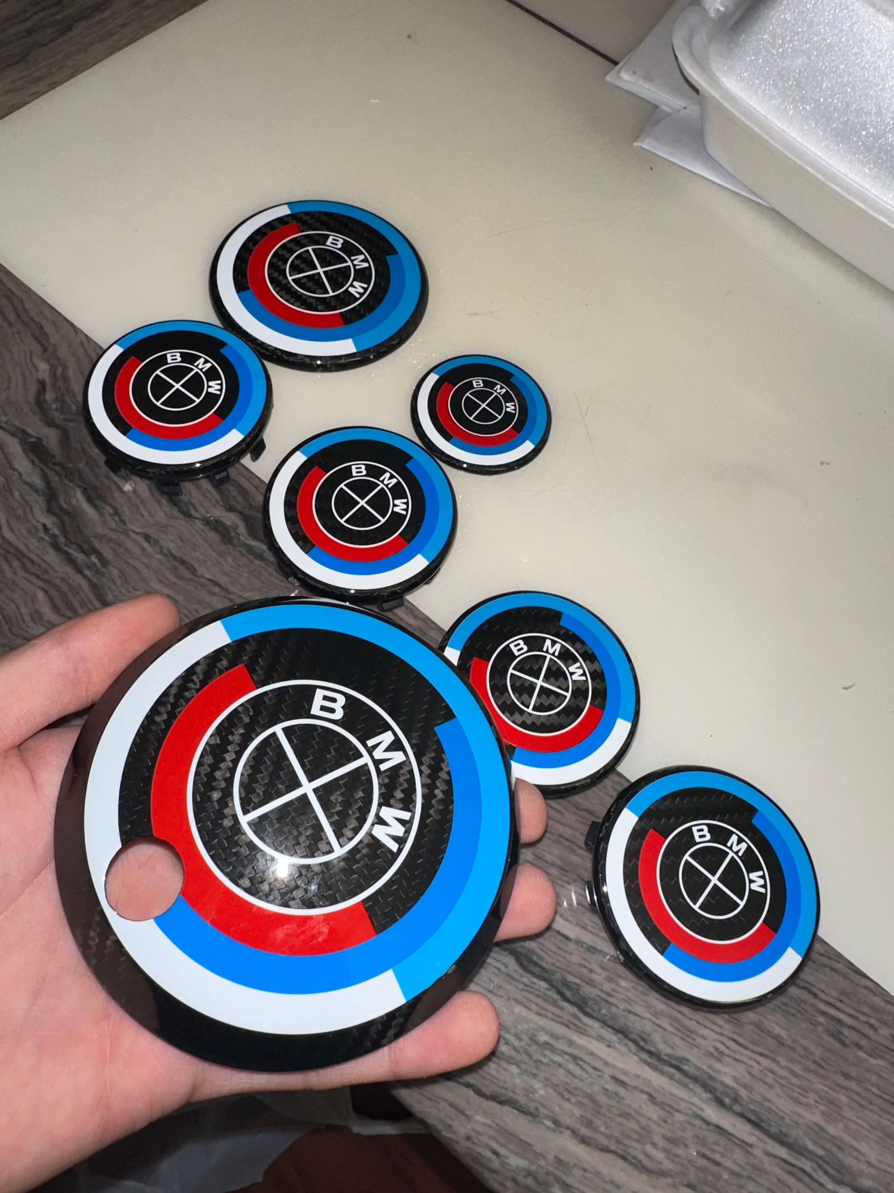 Carbon Fiber 50th Years M Heritage Emblem Roundel Cover &  Hub Cap Replacement (7 Piece)- BMW Roundel.