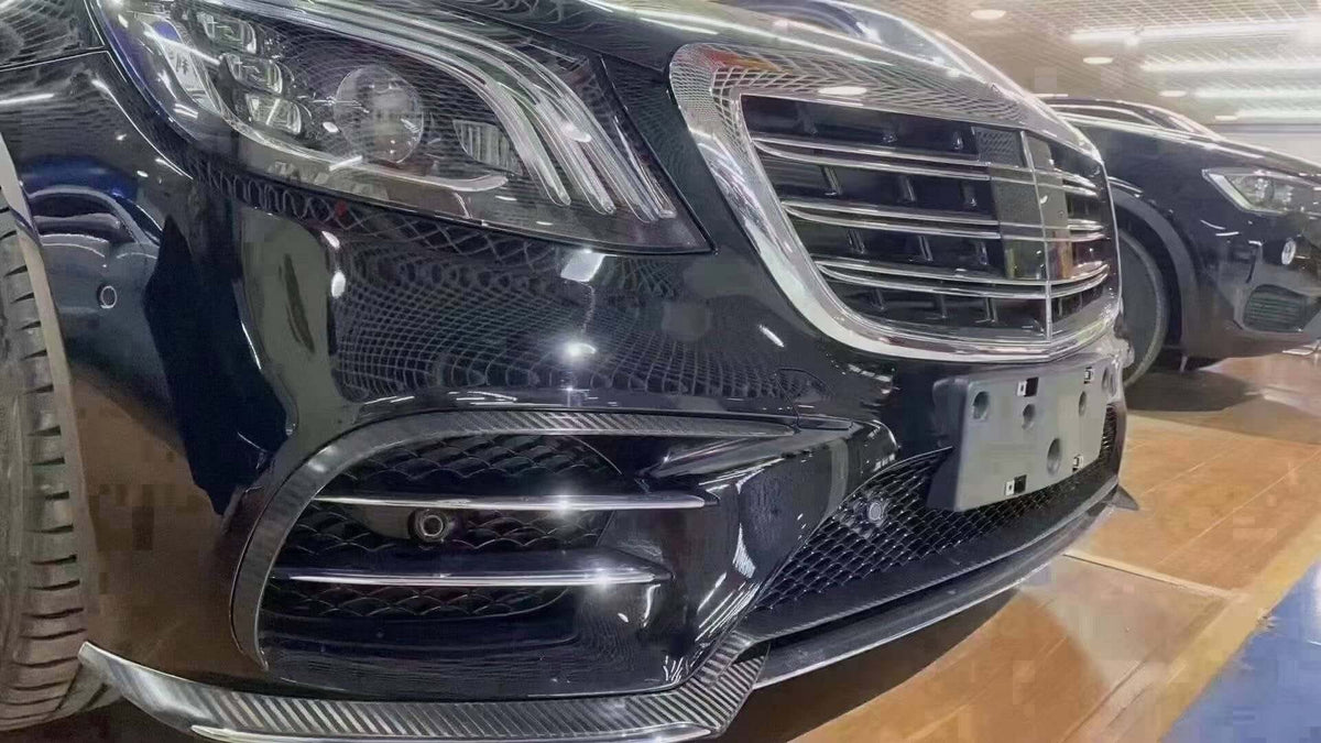 Carbon Fiber Front Bumper Lip Spoiler W/ Splitters - Mercedes Benz S Class W222.