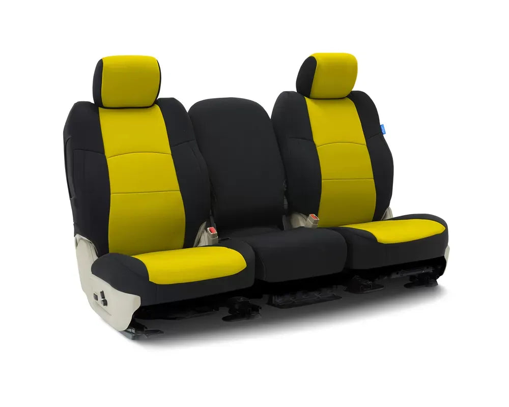 Coverking Custom Seat Covers 1 Row Neoprene Yellow | Black Sides Rear Chevrolet Camaro 2011-2015