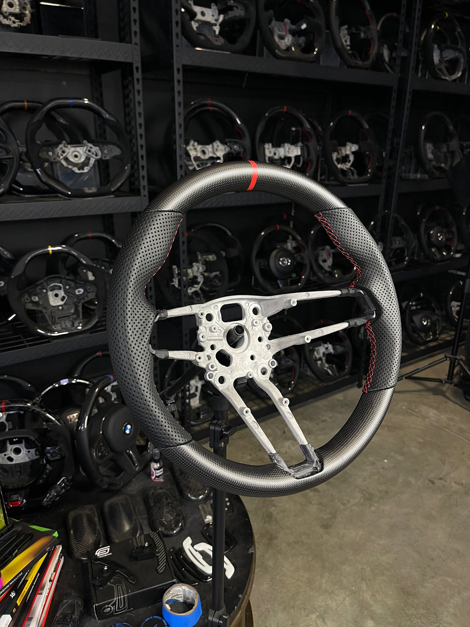[Media/Test] Porsche (992.1 Wheel) - OEM Shape - Matte Plain Carbon - Perforated Leather - Red Stitching - Red Stripe