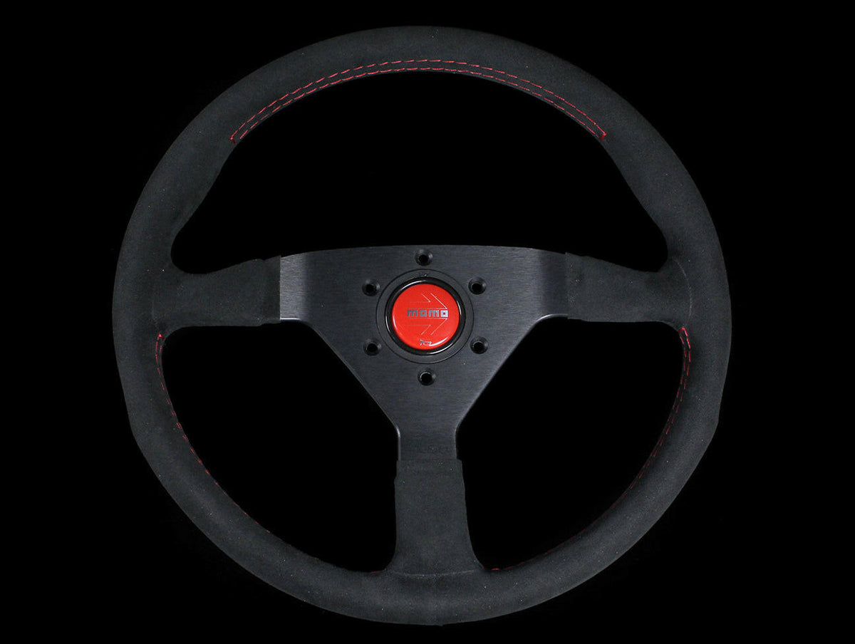 Momo Monte Carlo Steering Wheel - 350mm Black Alcantara Suede w/ Red Stitching.