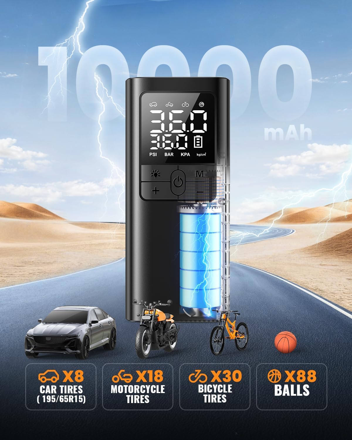 PLM Tire Inflator Portable Air Pump - 150PSI & 10000mAh.