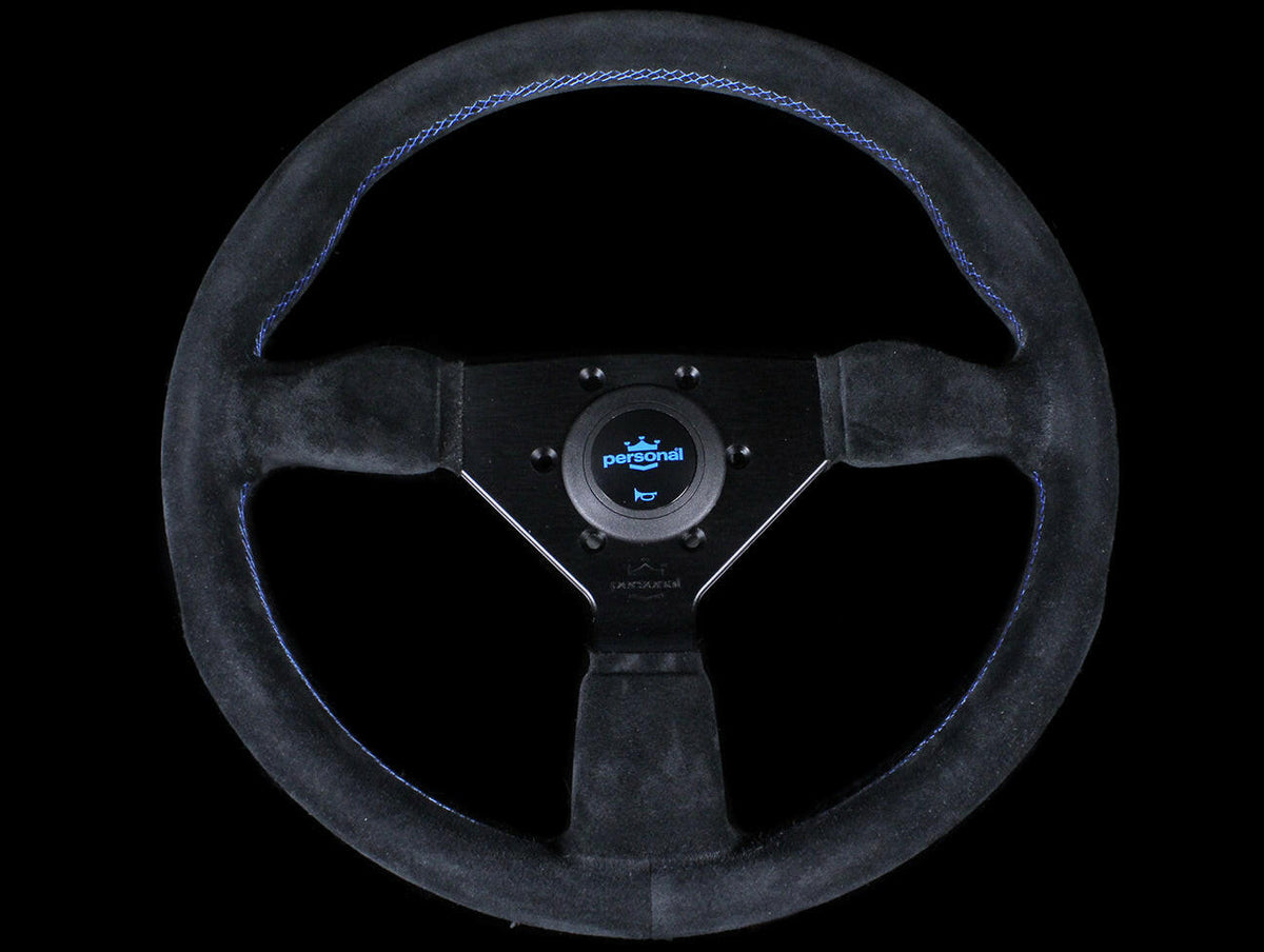 Personal Neo Grinta 350mm Steering Wheel - Black Suede / Blue Stitch.