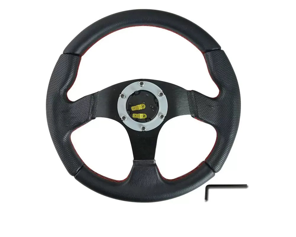 Spec-D Black Leather w/ Red Stitching 320mm Momo Race Style Steering Wheel.