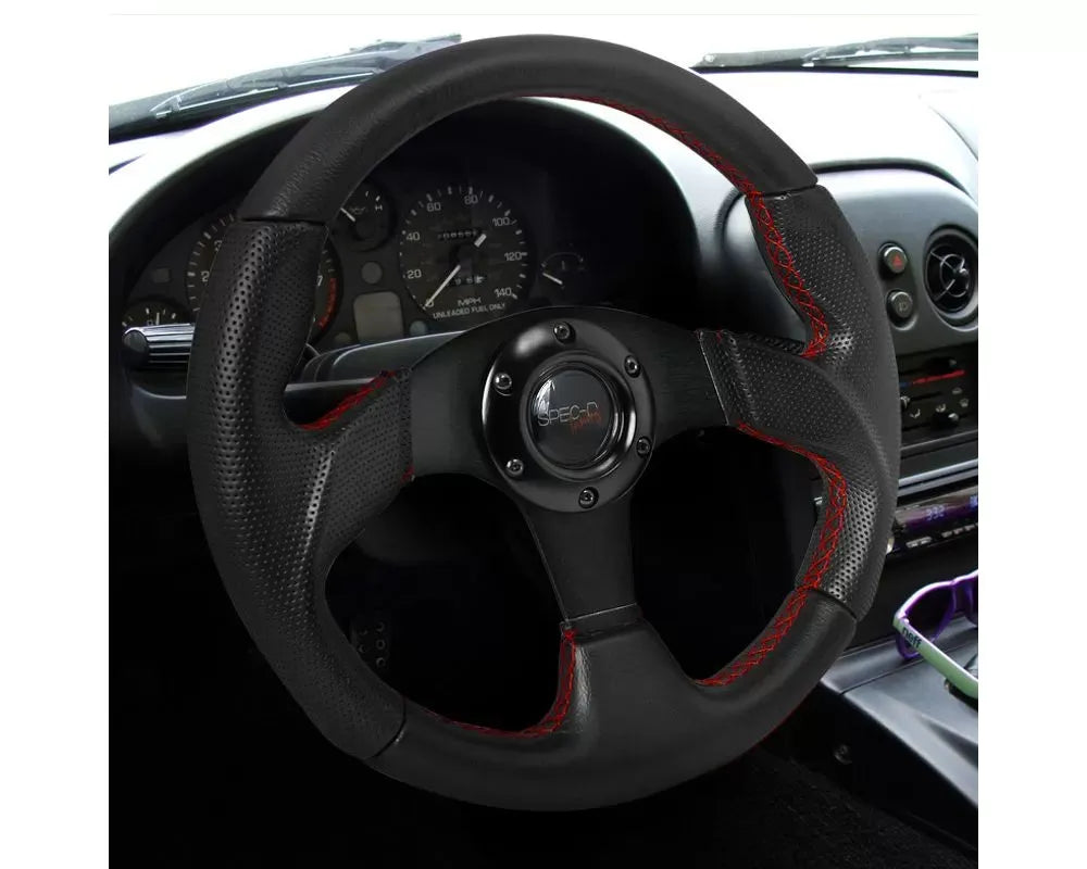 Spec-D Black Leather w/ Red Stitching 320mm Momo Race Style Steering Wheel.