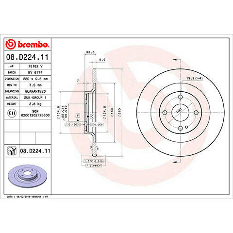 Brembo OEM Equivalent Rear Brake Rotor | 2016-2020 Mazda MX-5 Miata (08.D224.11).