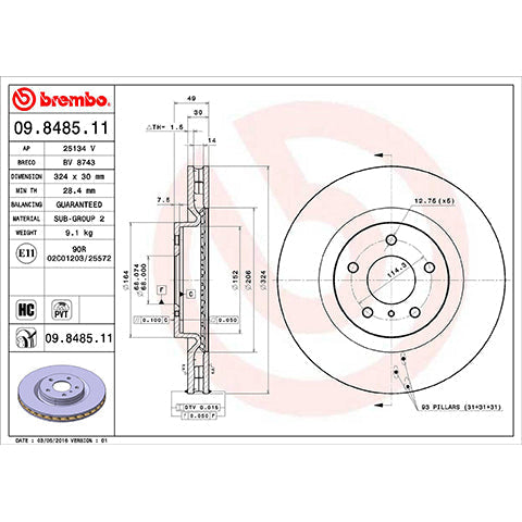 Brembo OEM Equivalent Front Brake Rotor | 2003-2004 Infiniti G35 and 2003-2009 Nissan 350Z (09.8485.11).