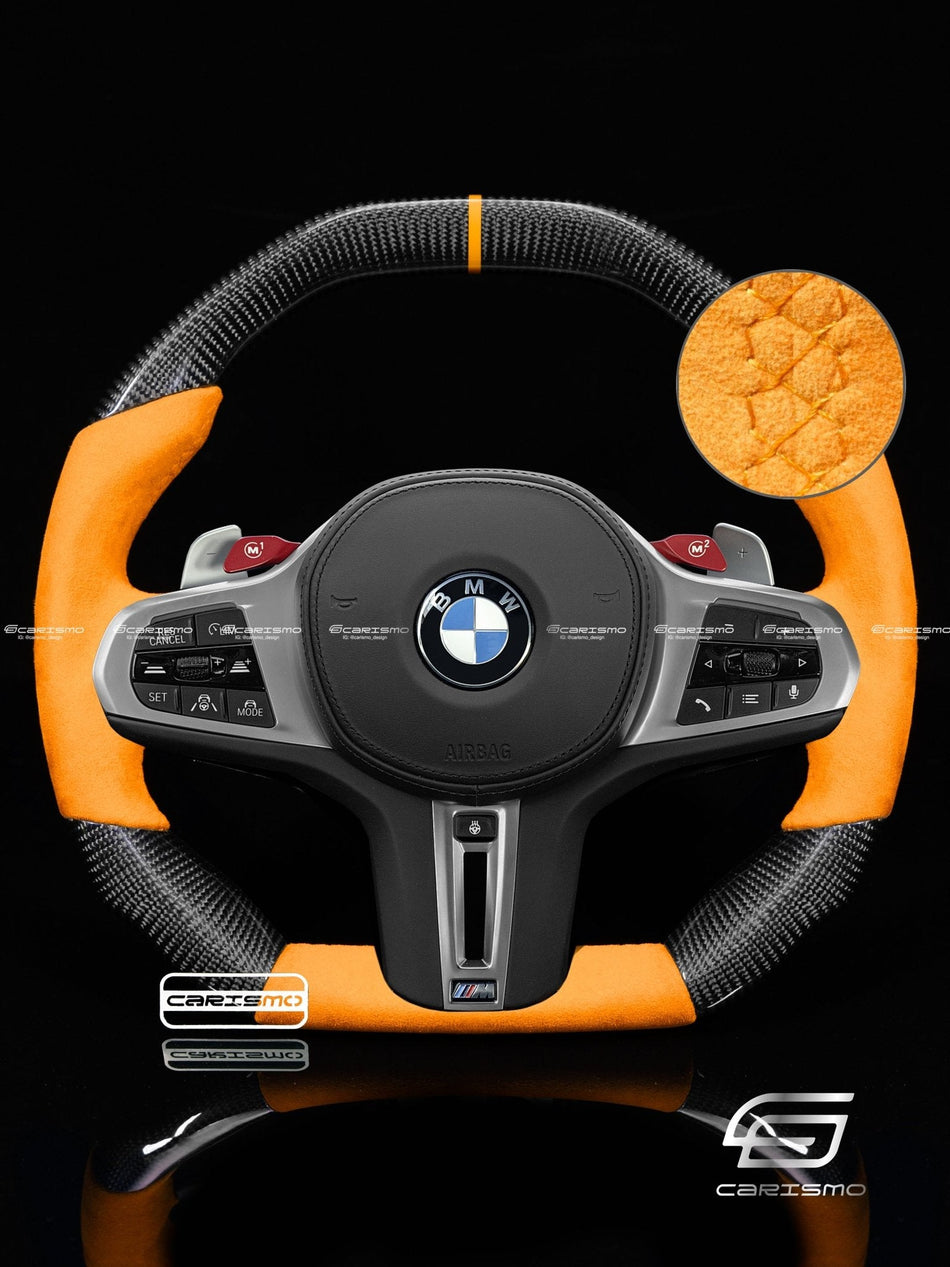 Carismo Steering Wheel For BMW G-Series (M Performance Wheels) - Signature - Gloss Carbon - Orange Alcantara
