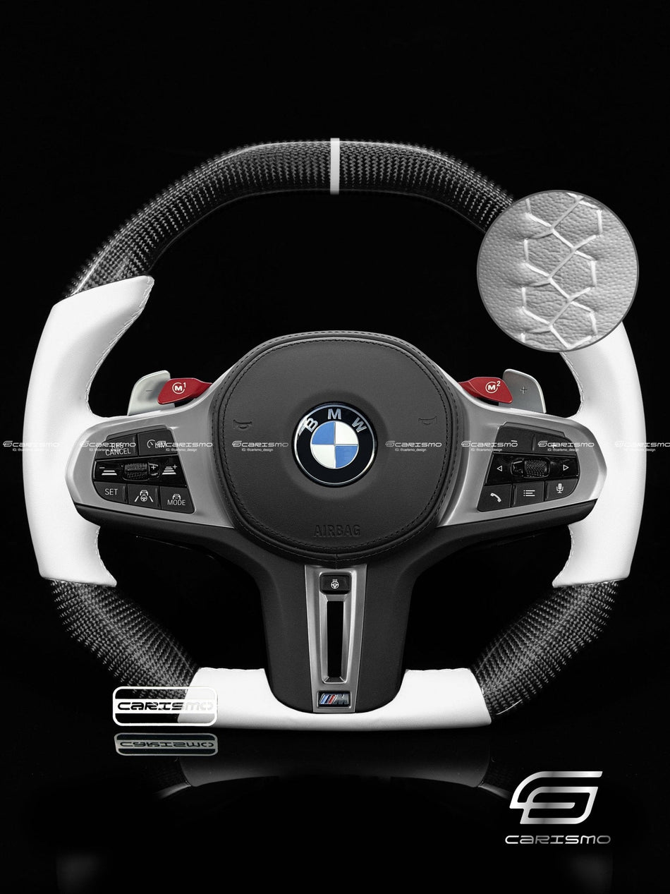 Carismo Steering Wheel For BMW G-Series (M Performance Wheels) - Signature - Gloss Carbon - White Smooth Leather