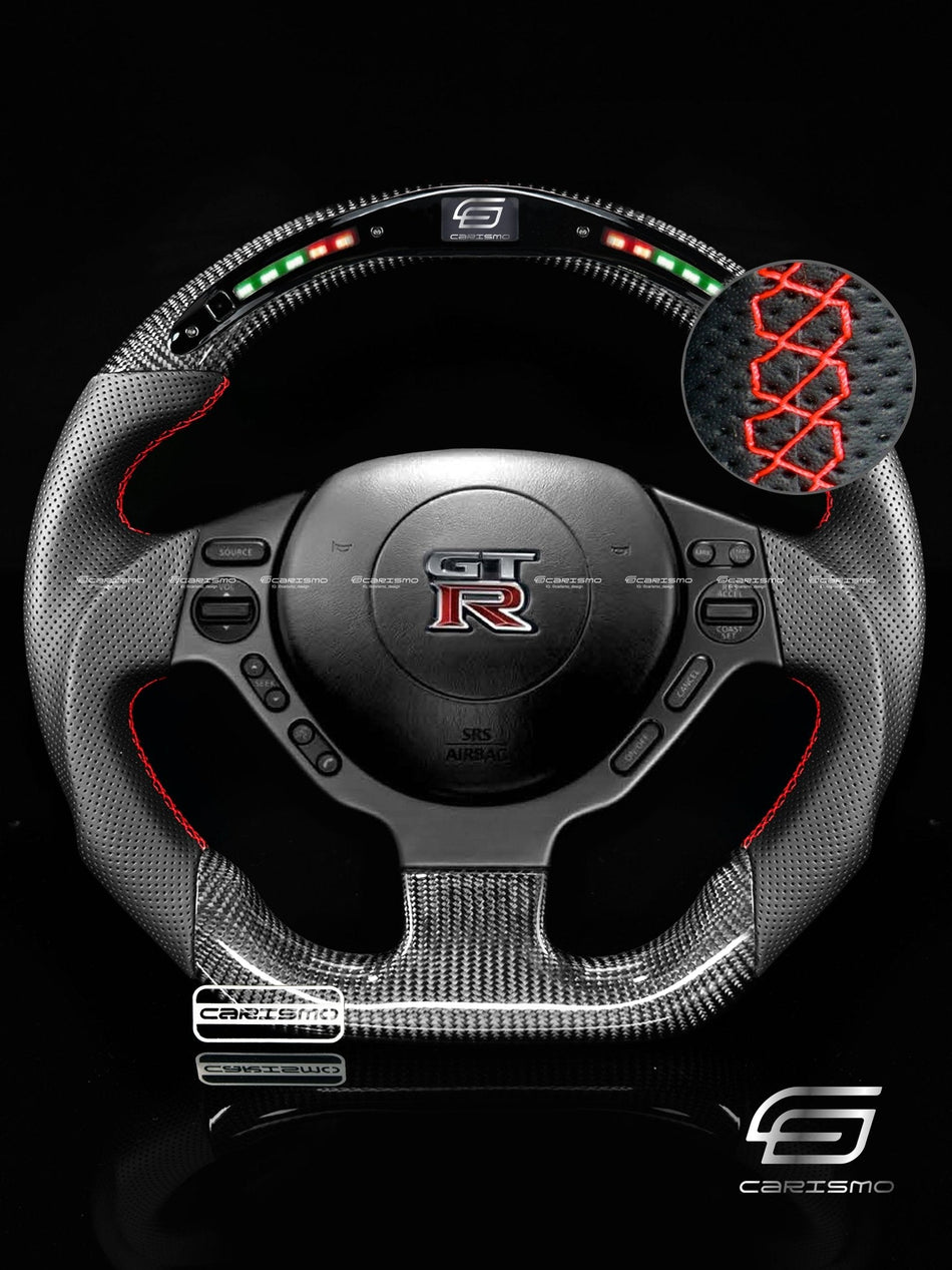 Carismo Steering Wheel For Nissan GT-R (R35 CBA & DBA) - Classic RPM LED - Gloss Carbon - Perforated Leather