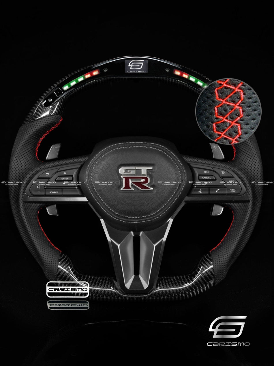 Carismo Steering Wheel For Nissan GT-R (R35 EBA) - Classic RPM LED - Gloss Carbon - Perforated Leather