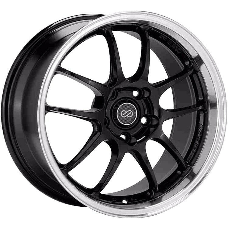 Enkei PF01 5x114.3 17” Wheels in Black with a Machined Lip.