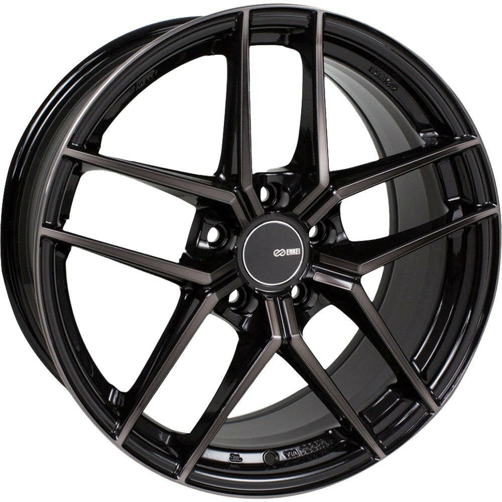 Enkei TY5 5x114.3 18” Wheels in Black with Dark Tinted Spoke Faces and Lip Ring.