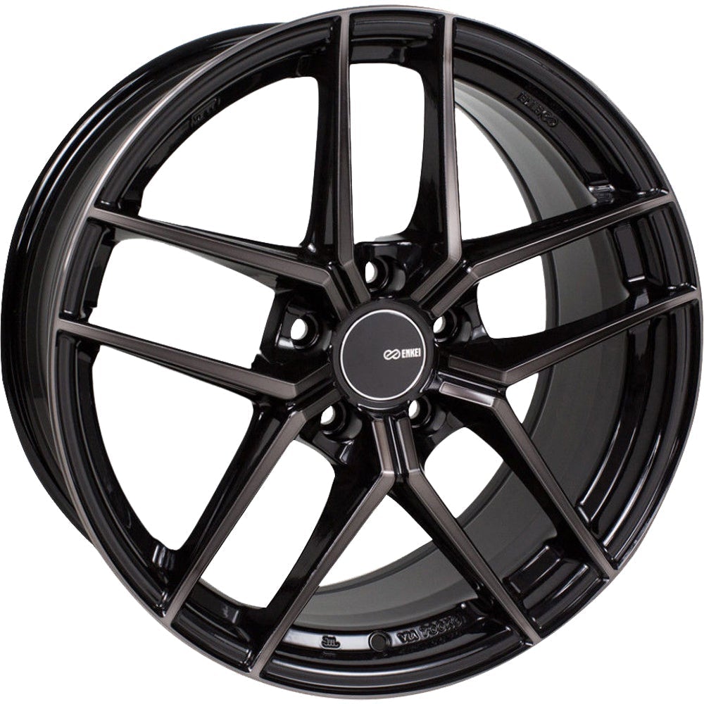 Enkei TY5 5x114.3 18” Wheels in Black with Dark Tinted Spoke Faces and Lip Ring.
