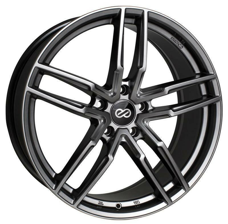 Enkei SS05 5x114.3 17x7.5” +40mm Offset Hyper Gray Wheels.