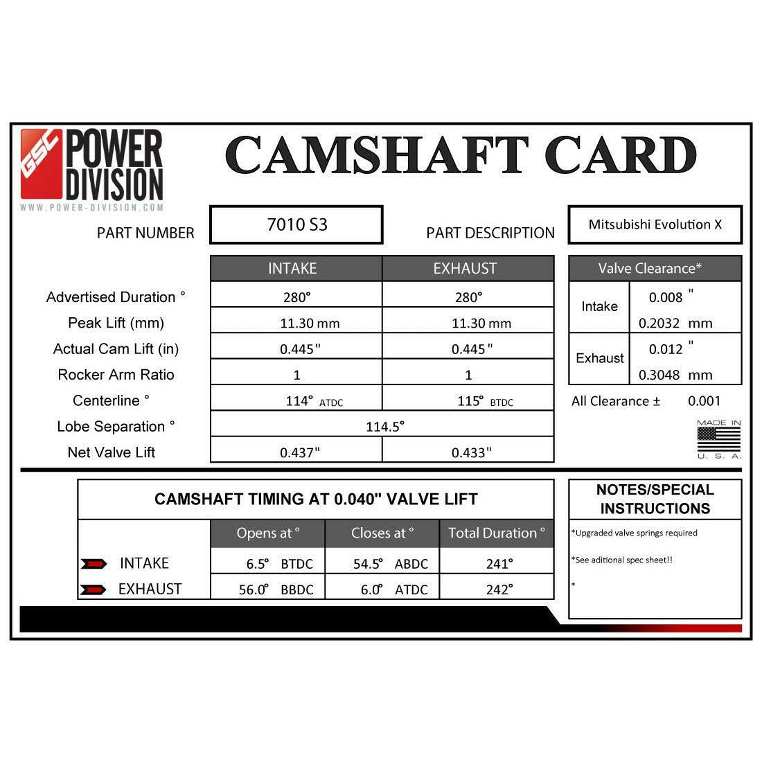 GSC Power-Division Billet S3 Camshafts | 2008-2015 Mitsubishi Evo X (7010S3).