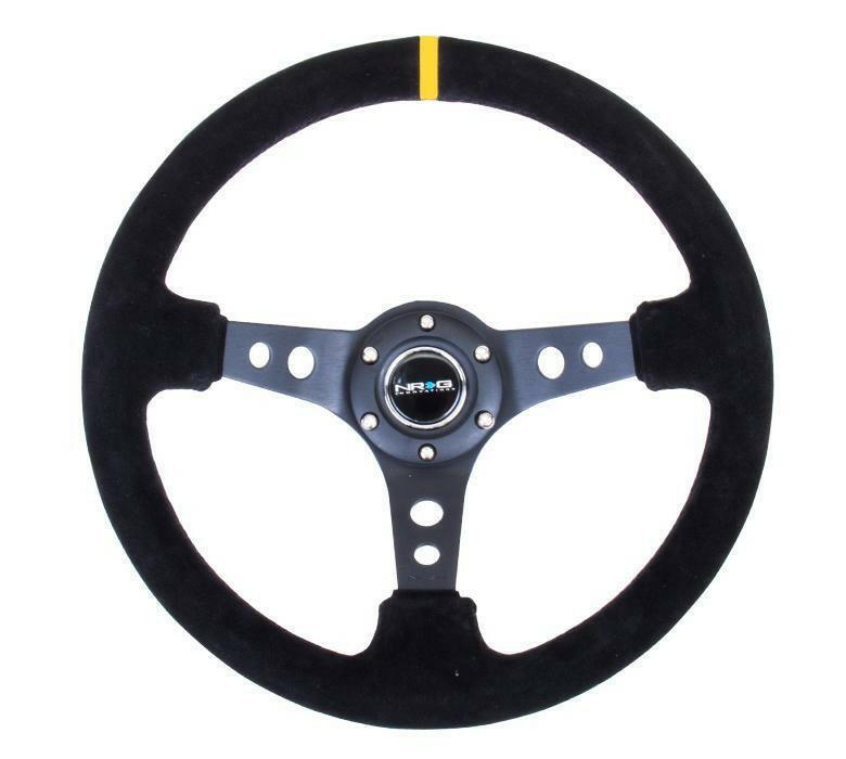 NRG 350mm Sport Steering Wheel - 3” Deep - Suede w/ Yellow Center Mark (RST-006S-Y).