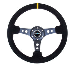NRG 350mm Sport Steering Wheel - 3” Deep - Suede w/ Yellow Center Mark (RST-006S-Y).