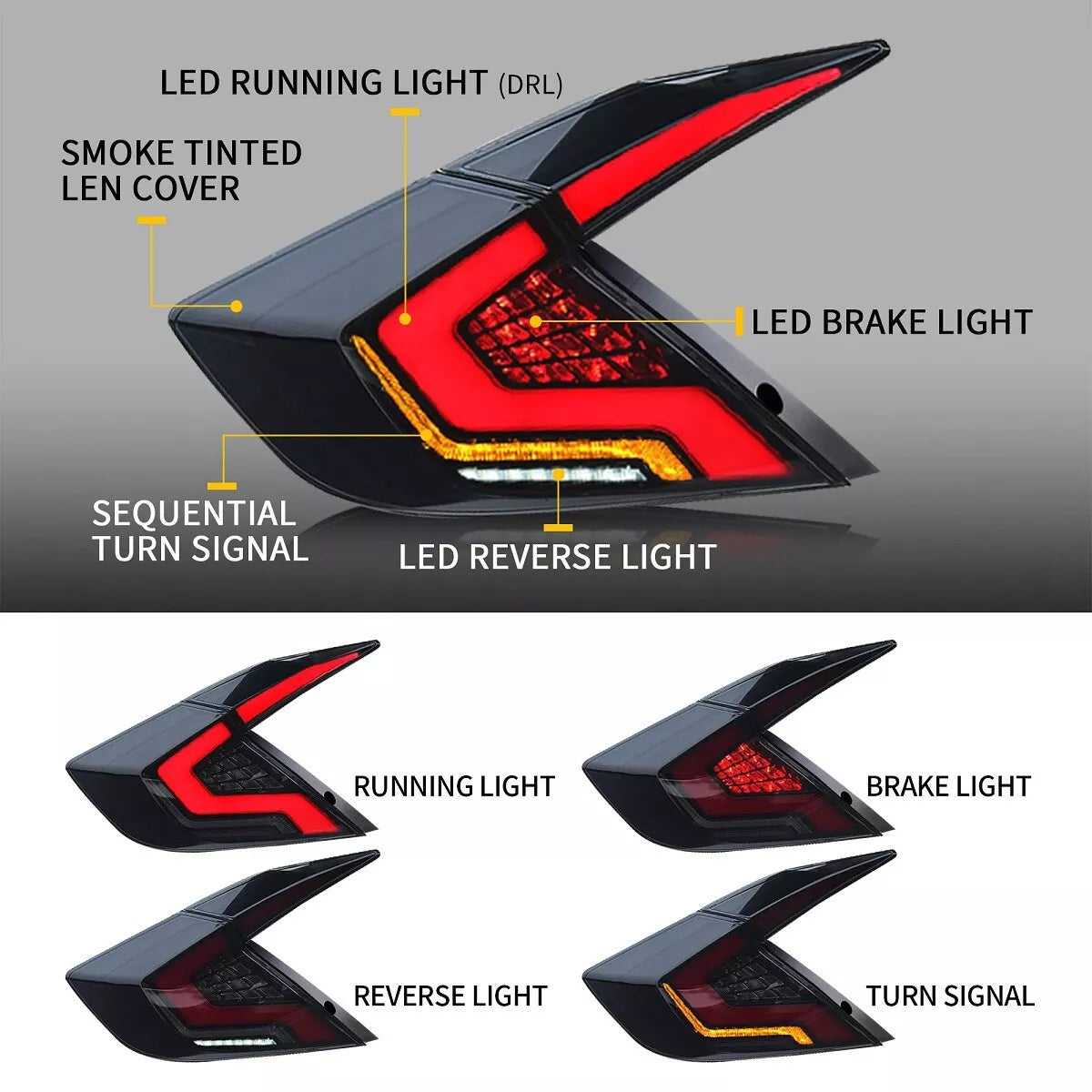 Smoked G Series Style LED Taillights Set - Honda Civic 10th Gen 2016-2021.