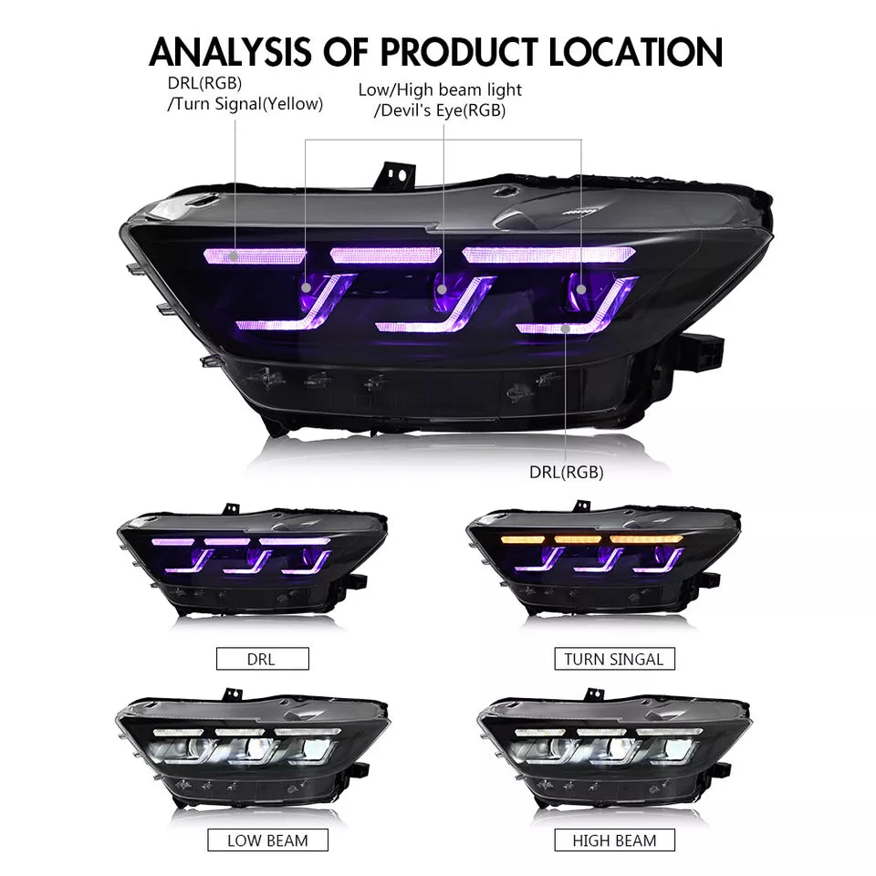 RGB DRL LED Headlights Set - Ford Mustang.
